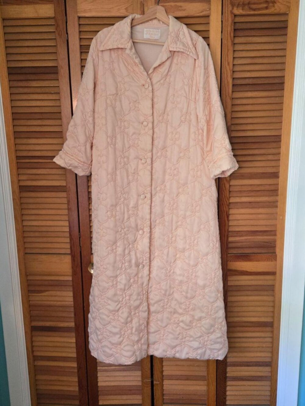 Vintage Pink Quilted Satin Housecoat Sears Robe Floral Button Front 60s-70s